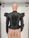 Black PU Leather Ruffle Long Sleeve Zipper Jacket WSM-A5043