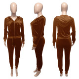 EVE Solid Velvet Hooded Zipper Long Sleeve 2 Piece Sets ME-S950