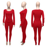 EVE Solid Ribbed Long Sleeve Zipper Two Piece Pants Set ME-Y939