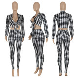 EVE Houndstooth Print Long Sleeve Tie-Up 2 Piece Sets FENF-183