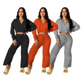 EVE Solid Long Sleeve Zipper Loose Two Piece Pants Set DDF-88128