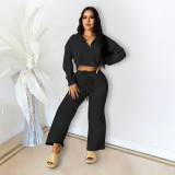 EVE Solid Long Sleeve Zipper Loose Two Piece Pants Set DDF-88128