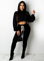Solid Hooded Lace Up Long Sleeve 2 Piece Sets OM-1277