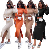 EVE Solid Ribbed Long Sleeve Split Skirt Two Piece Sets MIL-L272