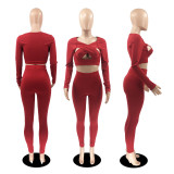 EVE Sexy Solid Hollow Out Long Sleeve Slim 2 Piece Sets YIBF-6115