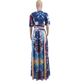 EVE Plus Size Print Fashion Short Sleeve Long Skirt Two Piece Sets WAF-77216