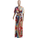 EVE Plus Size Print Fashion Short Sleeve Long Skirt Two Piece Sets WAF-77216