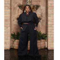 EVE Plus Size Polka Dot Print Long Sleeve 2 Piece Pants Set ASL-7056