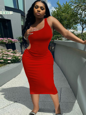 EVE Sexy One Shoulder Hollow Midi Dress XMEF-X1133