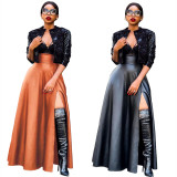 EVE Black PU Leather High Split Maxi Skirt OLYF-6075