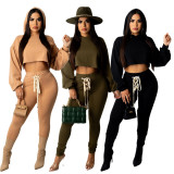 EVE Solid Hooded Lace Up Casual Two Piece Pants Set SFY-2143