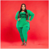 EVE Plus Size Letter Print Long Sleeve 2 Piece Pants Set WAF-77292