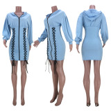 EVE Casual Hooded Lace Up Long Sleeve Mini Dress GZYF-YF8044