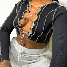 Long Sleeve Ribbed Sexy Hollow Out Tie Crop Tops FL-20417
