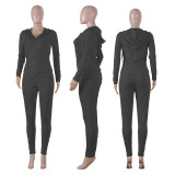 EVE Solid Hooded Zipper Long Sleeve 2 Piece Pants Set ME-Q652