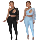 EVE Sexy One Shoulder Puff Sleeve 2 Piece Pants Set YD-8258
