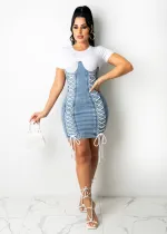 EVE Casual Denim Patchwork Short Sleeve Mini Dress LA-3292