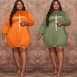 EVE Plus Size Solid Letter Print Long Sleeve Casual Dress WAF-77296