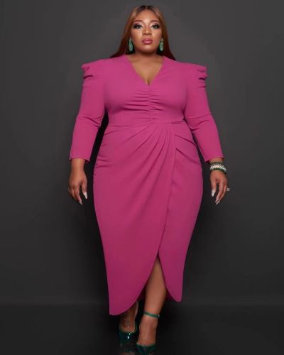 EVE Plus Size Solid V Neck Long Sleeve Maxi Dress WAF-77297