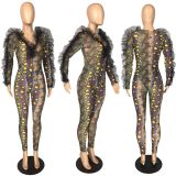 EVE Snake Skin Print V Neck Bodysuit+Pants 2 Piece Sets LM-8289