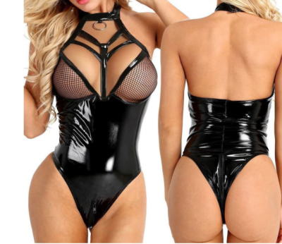 Sexy Halter One-Piece Black Patent Leather Hollow Erotic Lingerie YQ-8123