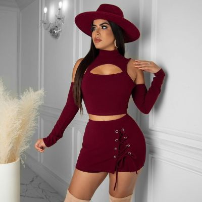 Sexy Long Sleeve Hollow Out Lace Up 2 Piece Shorts Set YIY-5322