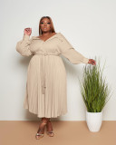 EVE Plus Size Solid Long Sleeve Pleated Sashes Maxi Dress JRF-3659