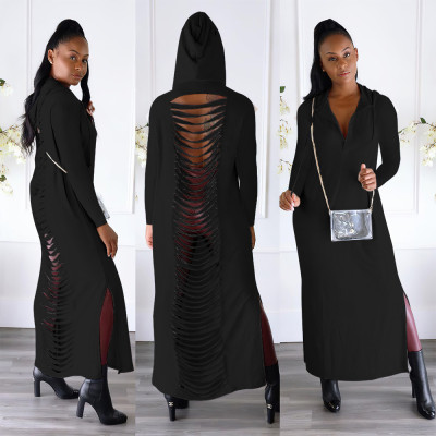 EVE Solid Hooded Long Sleeve Split Hollow Out Maxi Dress YNB-7234