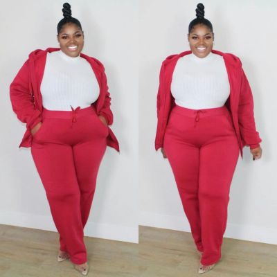 EVE Plus Size Solid Hooded Zipper Coat And Pants 2 Piece Sets CQ-150