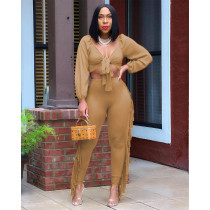 EVE Solid Long Sleeve Tassel Pants 2 Piece Suits YIY-5326