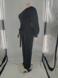 EVE Plus Size Solid Long Sleeve Sashes Casual Jumpsuit CQF-90086