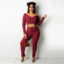 EVE Plus Size Solid Ribbed Long Sleeve 2 Piece Pants Set HNIF-060