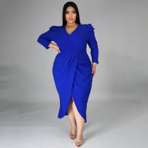 EVE Plus Size Solid V Neck Long Sleeve Midi Dress NNWF-7359