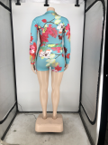 EVE Plus Size Floral Print Sexy Long Sleeve Shorts Two Piece Sets FNN-8626