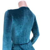 EVE Velvet Long Sleeve Zipper Bodysuits+Split Mini Skirt 2 Piece Sets ASL-6518