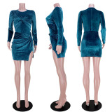 EVE Velvet Long Sleeve Zipper Bodysuits+Split Mini Skirt 2 Piece Sets ASL-6518