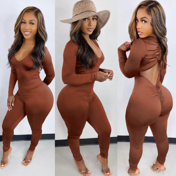 EVE Solid V Neck Backless Drawstring Long Sleeve Jumpsuit BGN-212