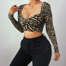 Sexy Leopard Long Sleeve Slim Crop Top FL-HY21333
