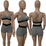 EVE Houndstooth Cross Strap Bra And Shorts 2 Piece Sets LSD-81055