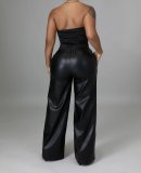 EVE Black PU Leather Pocket Wide Leg Pants BGN-211