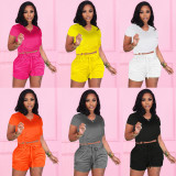 EVE Casual Solid Color Short Sleeve Shorts Two Piece Sets FSXF-272