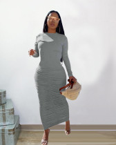 EVE Solid O Neck Long Sleeve Ruched Slim Maxi Dress SHA-86273
