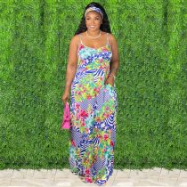 EVE Floral Print Spaghetti Strap Maxi Dress (With Headscarf) XMY-9306