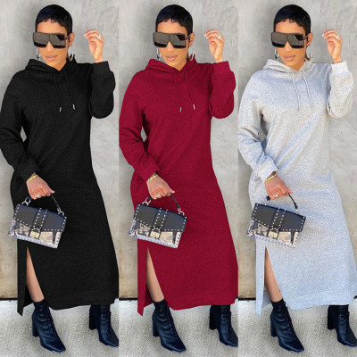 EVE Solid Casual Hooded Split Maxi Dress GLF-10064