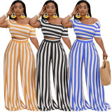 EVE Plus Size Striped Short Sleeve Wide Leg Pants 2 Piece Sets XMY-9310