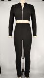 EVE Solid Fitness Long Sleeve Zipper 2 Piece Pants Set XMY-9311