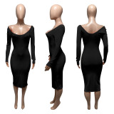 Solid Ribbed Long Sleeve Sexy Midi Dress ME-S951