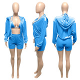 EVE Velvet Hooded Zipper Coat+Bra Top+Shorts 3 Piece Sets ME-S976
