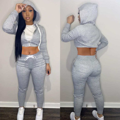 EVE Solid Sports Hooded Zipper Two Piece Pants Set ME-Y973