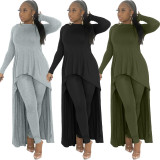 EVE Solid Long Sleeve Irregular Top And Pants 2 Piece Sets JRF-3662